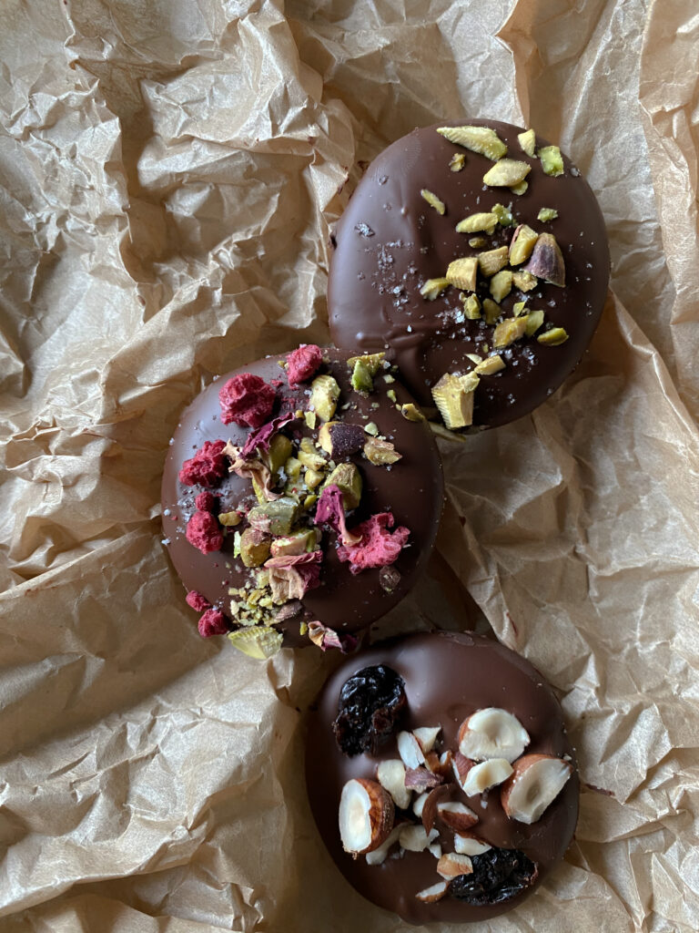 Candice Hunsinger DARK CHOCOLATE MENDIANTS, chocolate medallions, organic baker, a life made from scratch organic